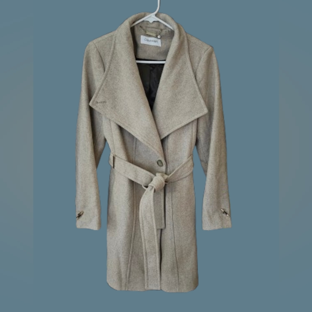 NWOT Calvin Klein Wool Blend Asymmetrical Belted Wrap Coat